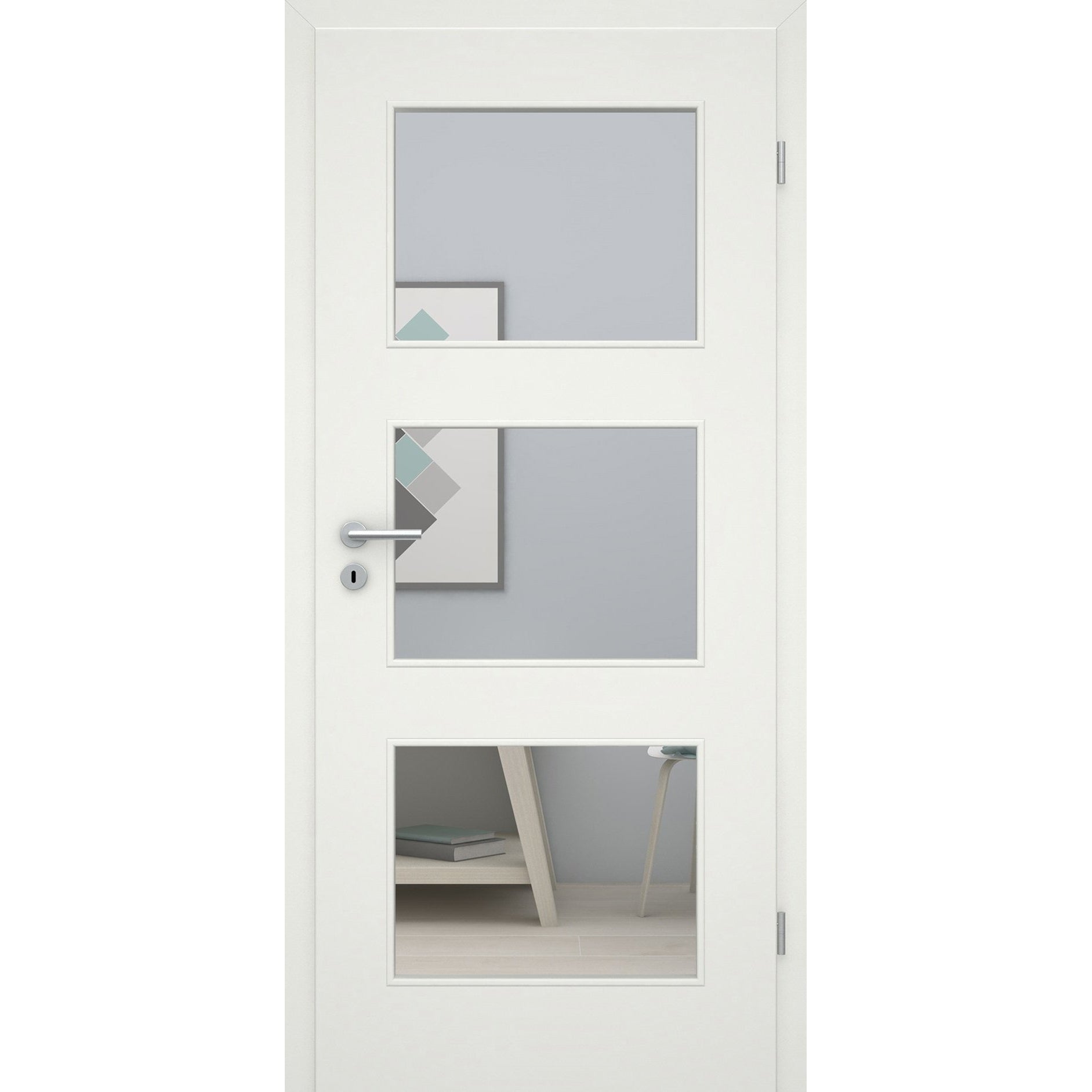 Zimmertür mit Zarge und Lichtausschnitt soft-weiß 3 Kassetten Eckkante - Modell Stiltür M31LA3