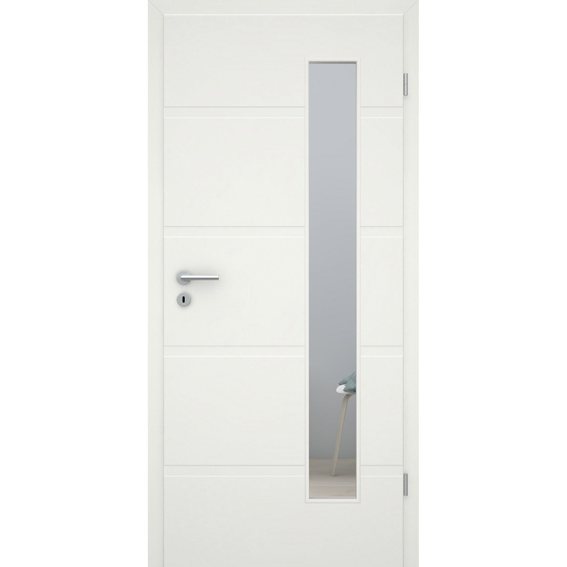 Zimmertür mit Lichtausschnitt soft-weiß 4 breite Rillen Eckkante - Modell Designtür QB41LAB