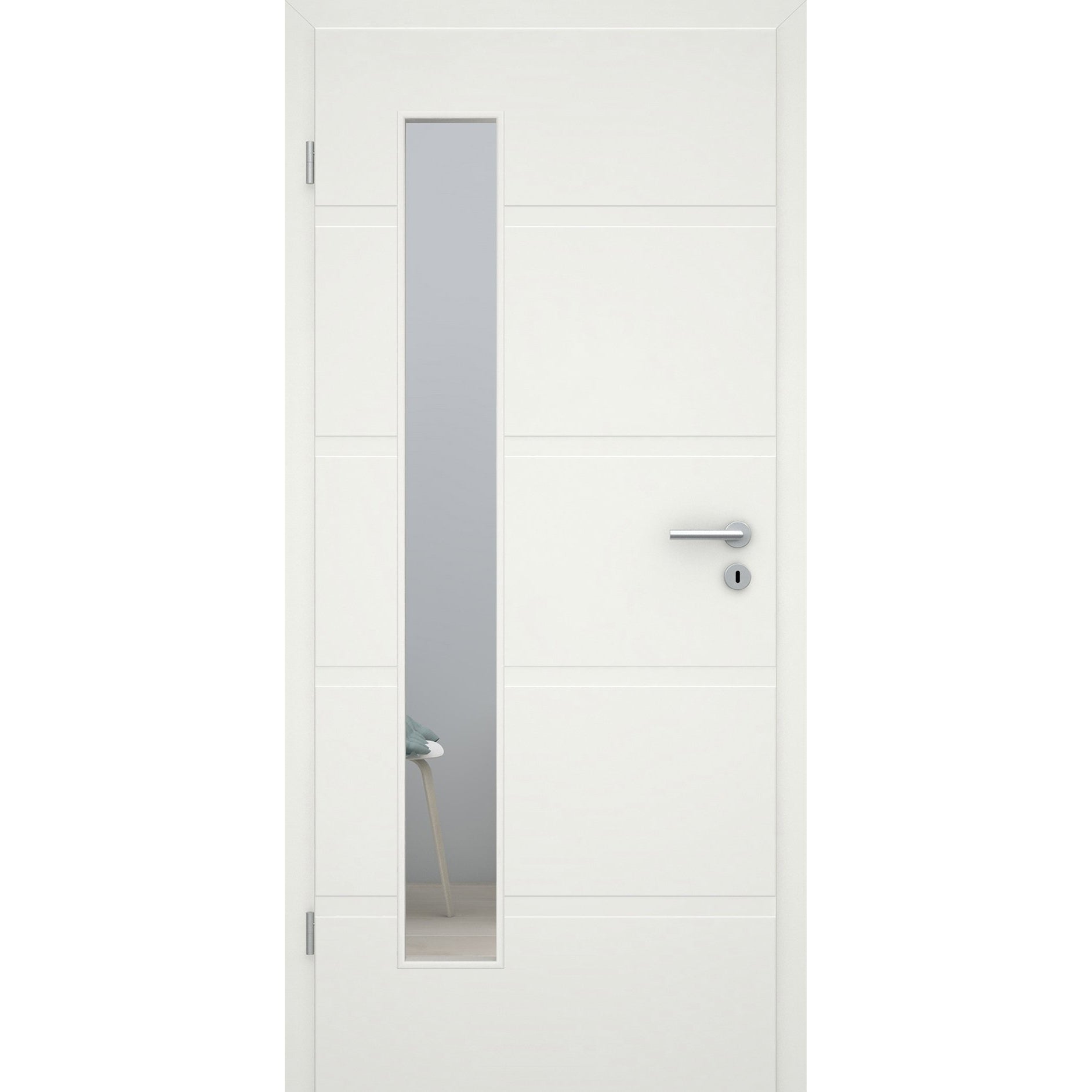 Zimmertür mit Lichtausschnitt soft-weiß 4 breite Rillen Eckkante - Modell Designtür QB41LAB