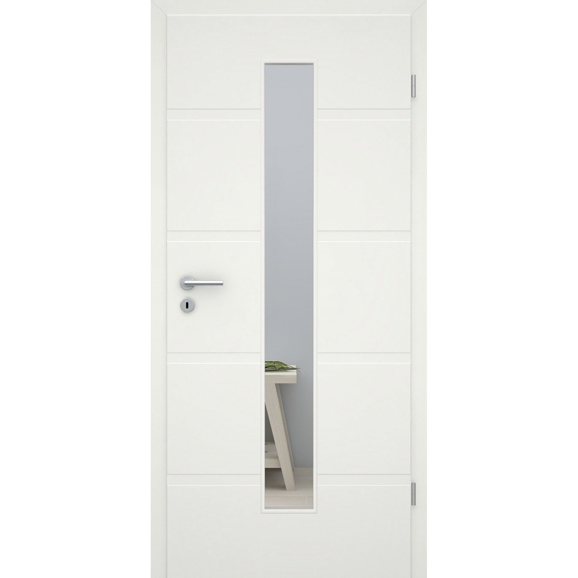 Zimmertür mit Zarge und Lichtausschnitt soft-weiß 4 breite Rillen Eckkante - Modell Designtür QB41LAM