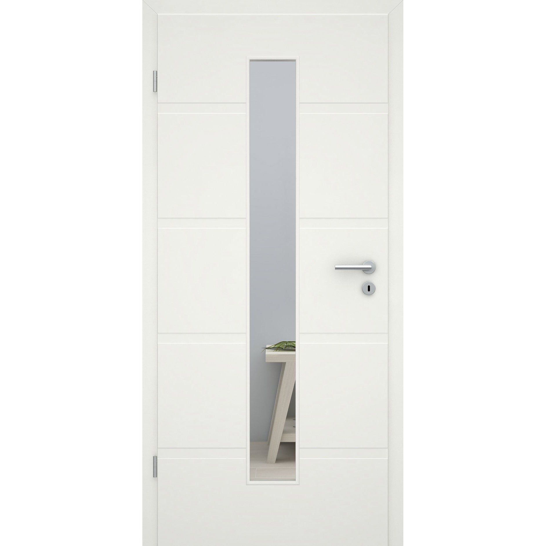 Zimmertür mit Lichtausschnitt soft-weiß 4 breite Rillen Eckkante - Modell Designtür QB41LAM