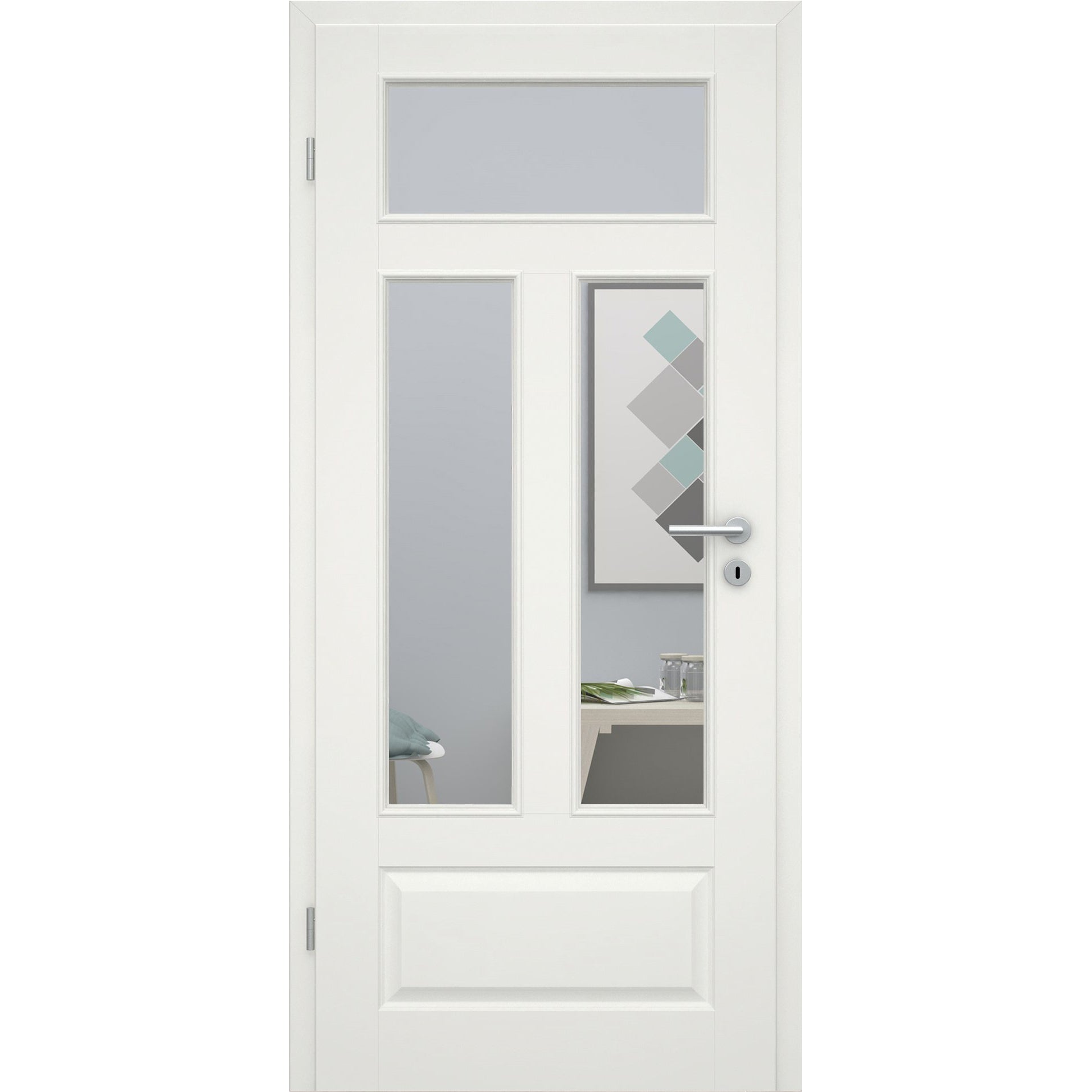 Zimmertür mit Zarge und Lichtausschnitt soft-weiß 4 Kassetten Quer Rundkante - Modell Stiltür KQ41LA3