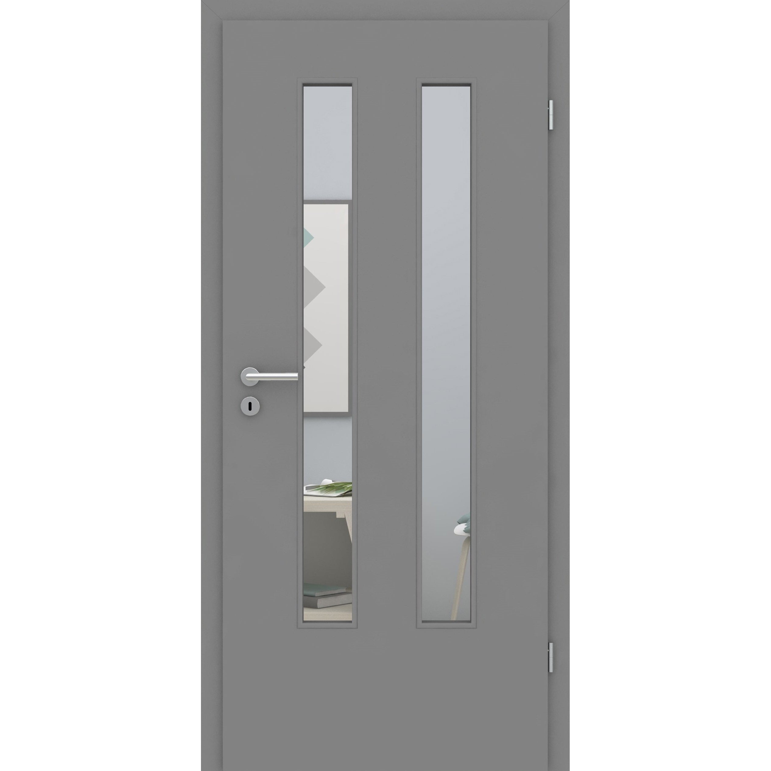 Zimmertür mit Zarge und Lichtausschnitt vertikal grau glatt Designkante LA6