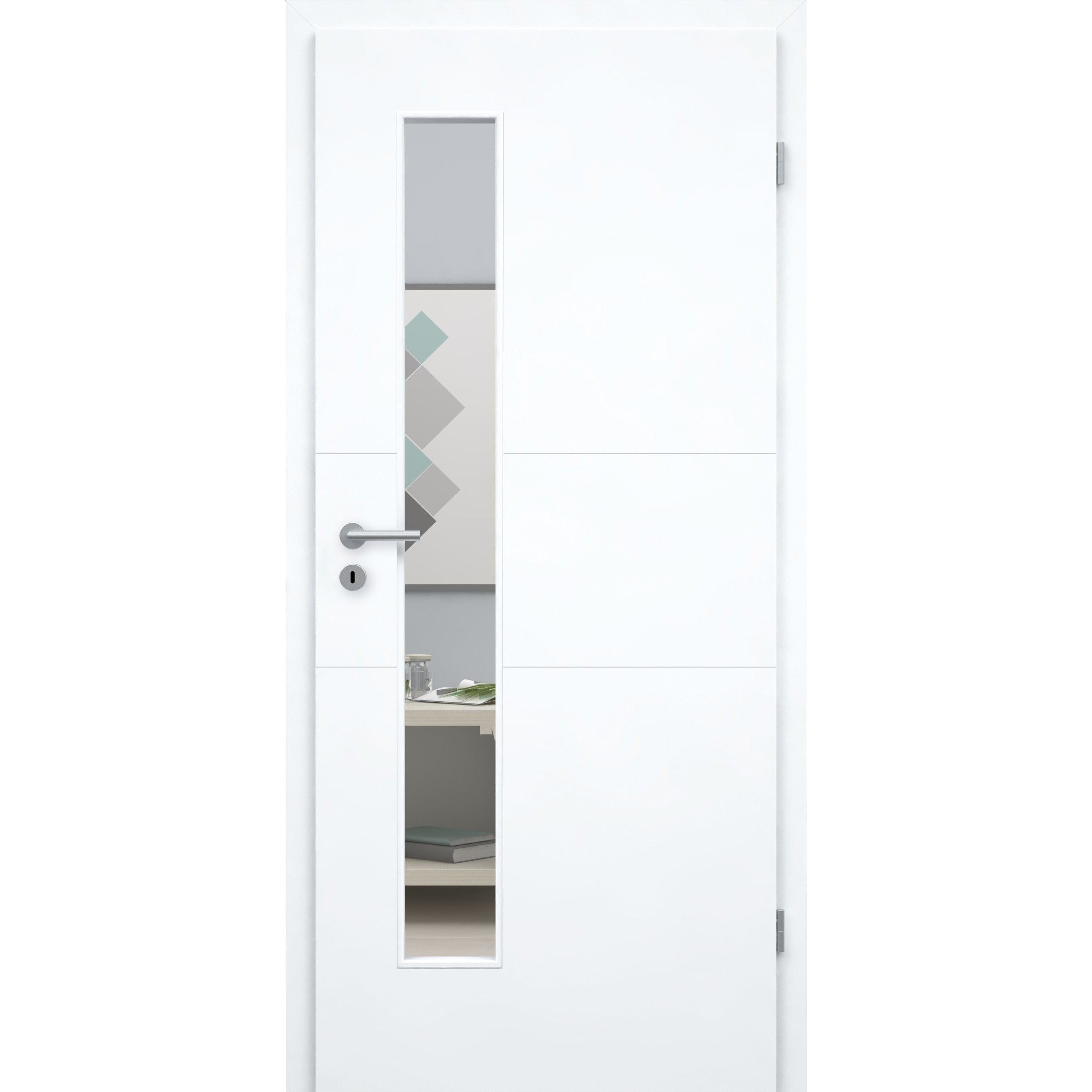 Zimmertür mit Zarge und Lichtausschnitt brillant-weiß 2 Rillen quer Designkante - Modell Designtür Q23LAS