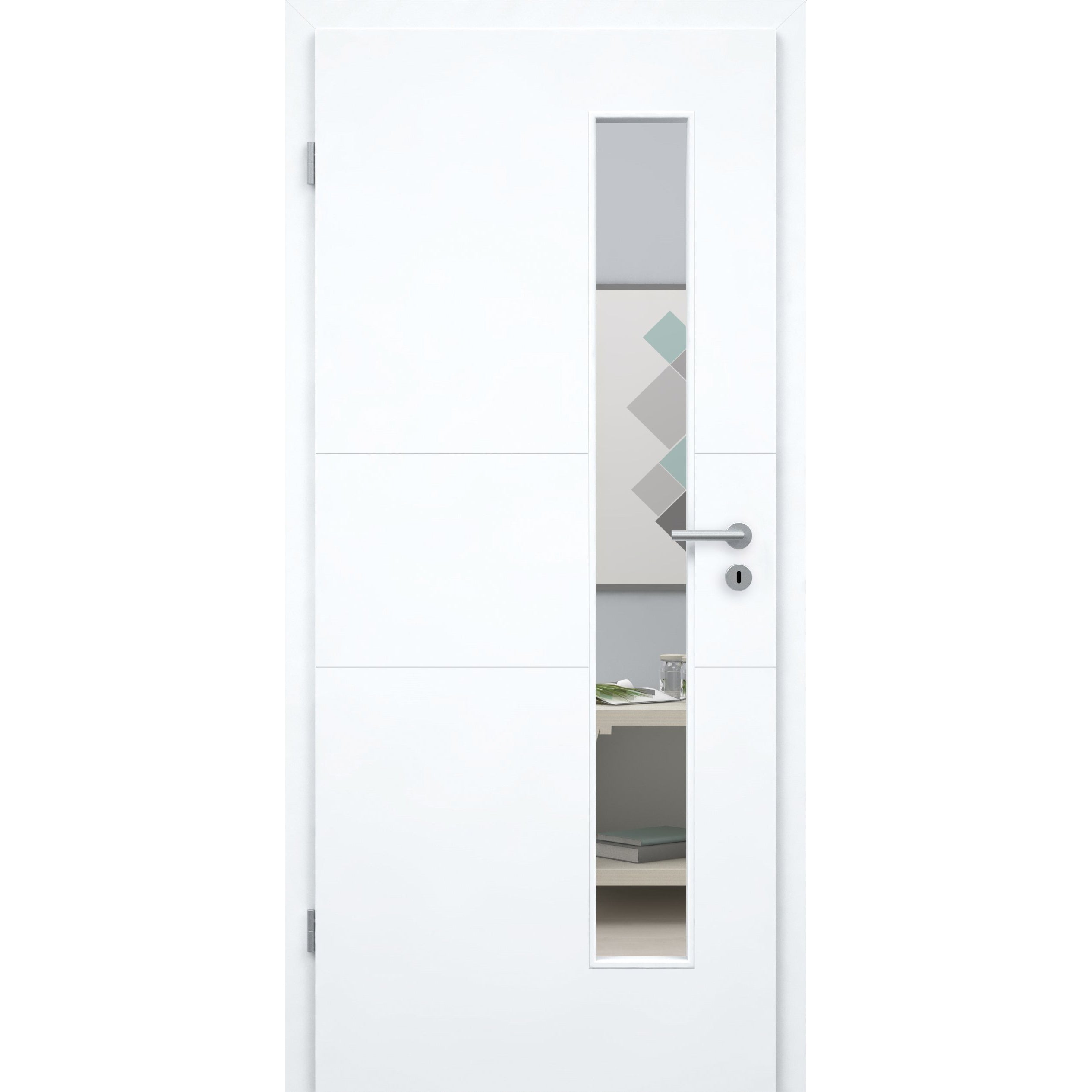 Zimmertür mit Zarge und Lichtausschnitt brillant-weiß 2 Rillen quer Designkante - Modell Designtür Q23LAS