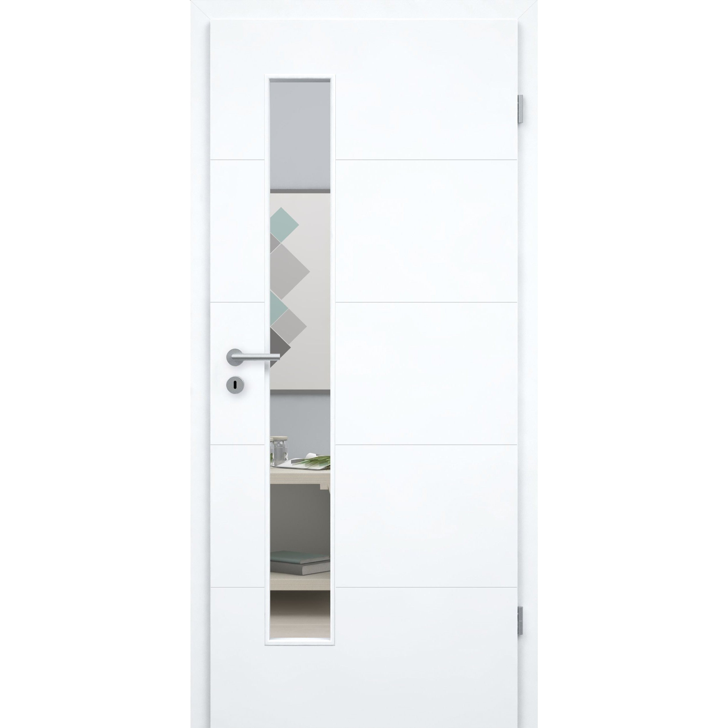 Zimmertür mit Zarge und Lichtausschnitt brillant-weiß 4 Rillen Designkante - Modell Designtür Q43LAS