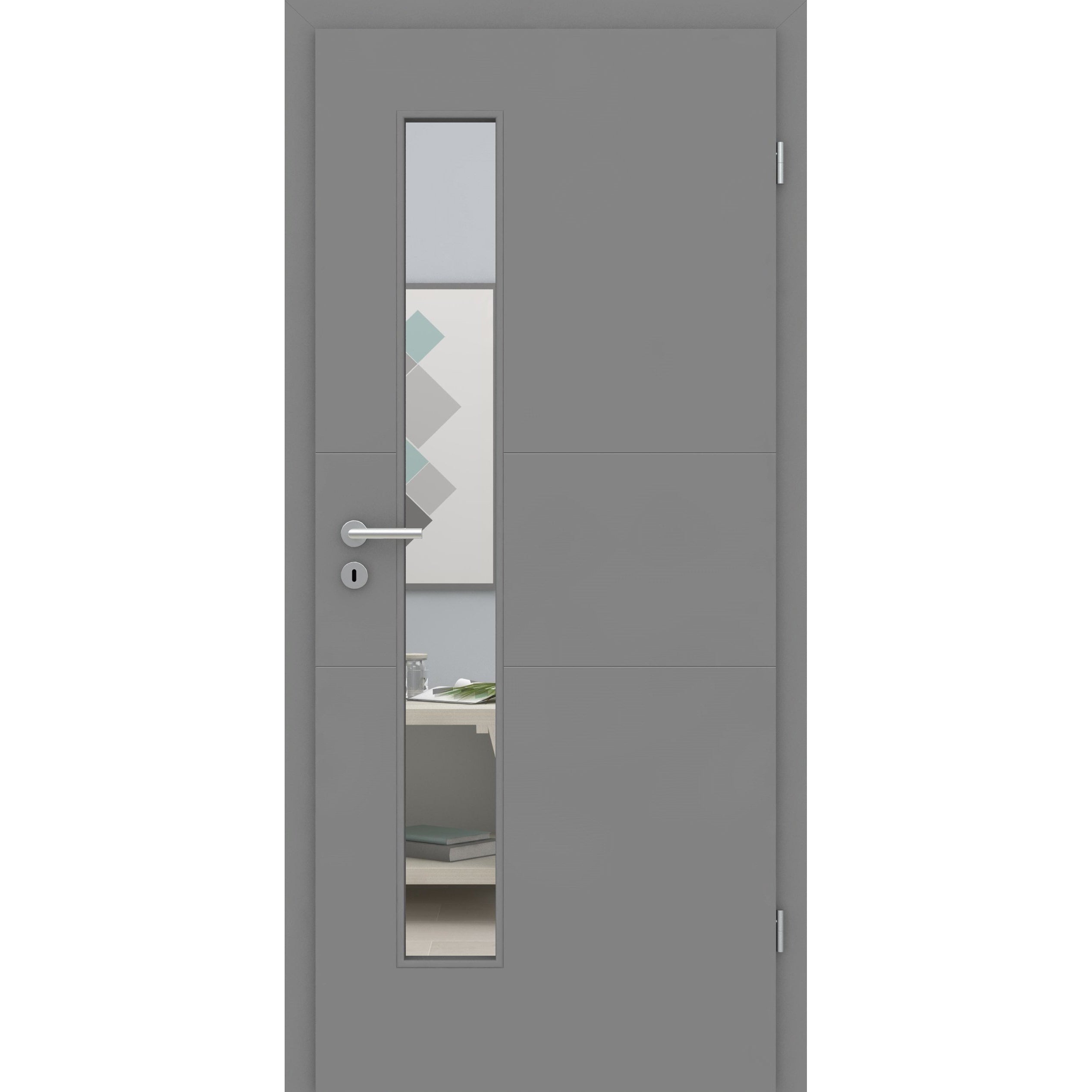 Zimmertür mit Zarge und Lichtausschnitt grau 2 Rillen quer Designkante - Modell Designtür Q27LAS