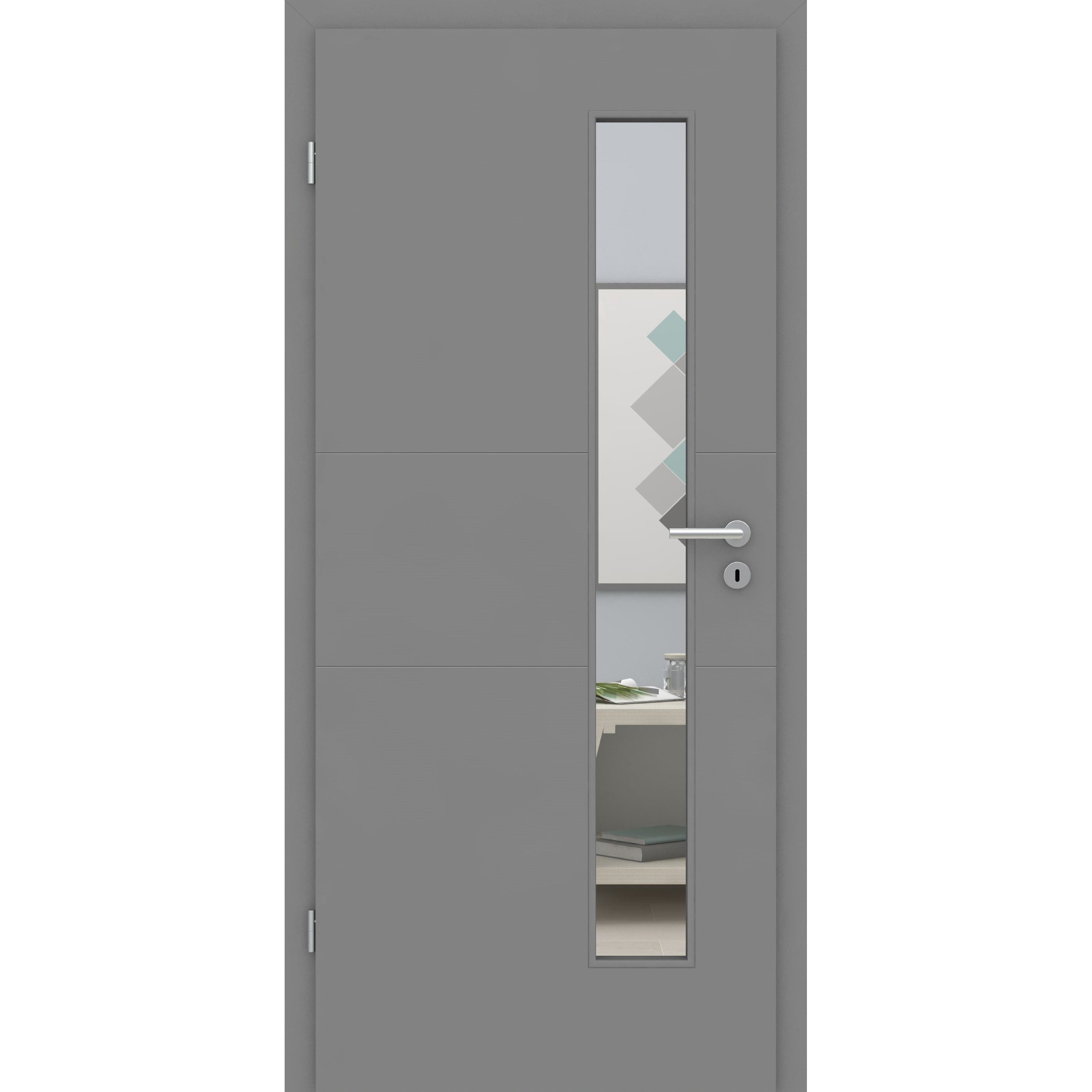Zimmertür mit Zarge und Lichtausschnitt grau 2 Rillen quer Designkante - Modell Designtür Q27LAS