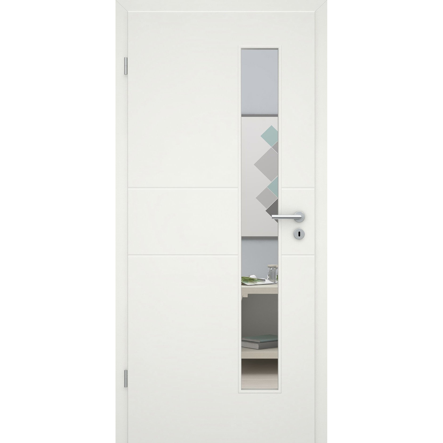 Zimmertür mit Zarge und Lichtausschnitt soft-weiß 2 Rillen Eckkante - Modell Designtür Q21LAS