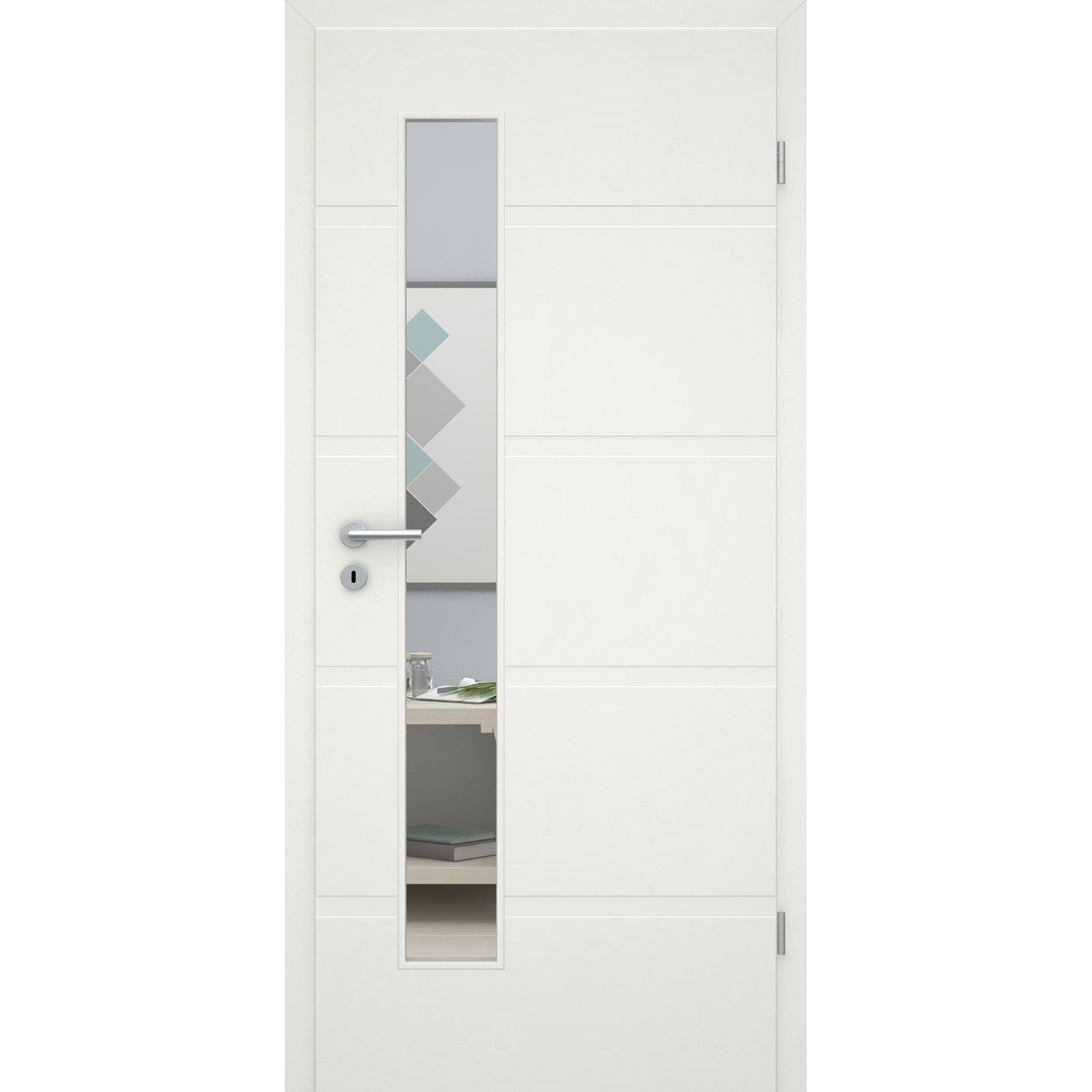 Zimmertür mit Zarge und Lichtausschnittsoft-weiß 4 breite Rillen Eckkante - Modell Designtür QB41LAS