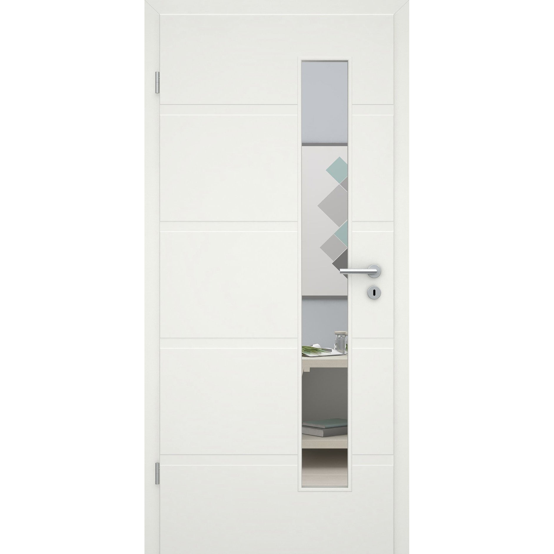 Zimmertür mit Lichtausschnittsoft-weiß 4 breite Rillen Eckkante - Modell Designtür QB41LAS